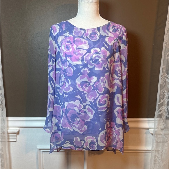 Bob Mackie Tops - Bob‎ Mackie Chiffon Floral Blouse Pastel Watercolor Boho XS Top